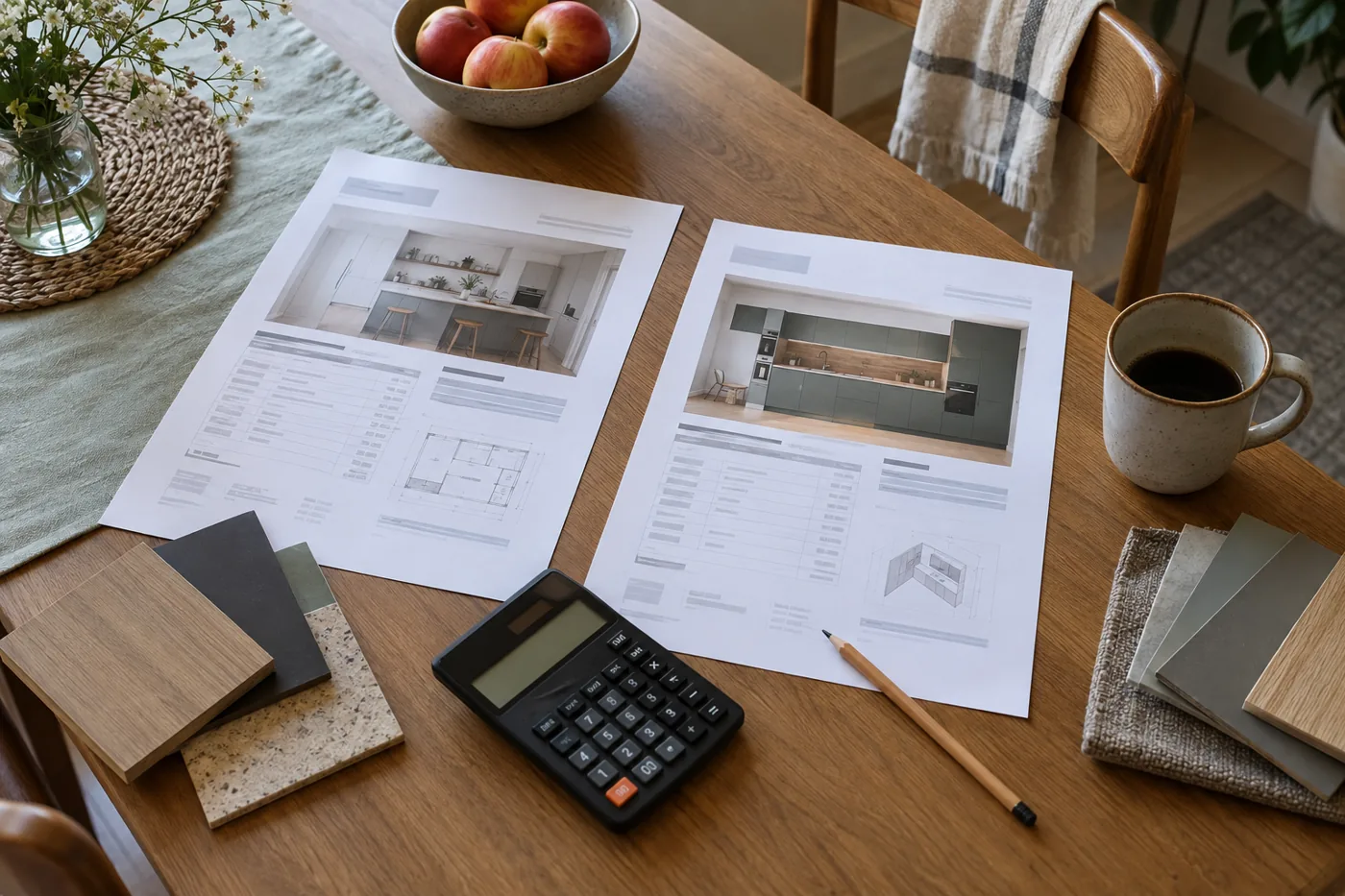 Angebot, Stift und Materialmuster für die Küchenbudgetplanung